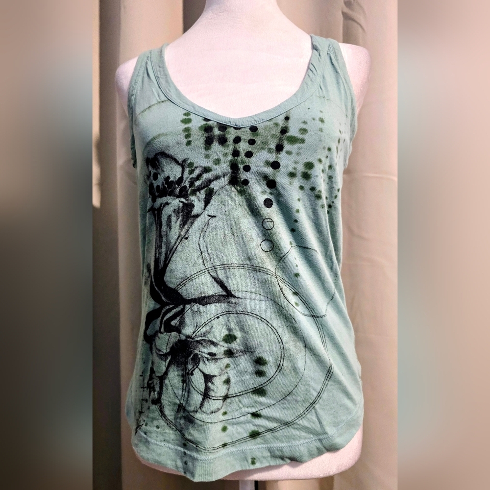 Diesel Sleeveless Abstract Print Green Tank Top With Built In Bra Top